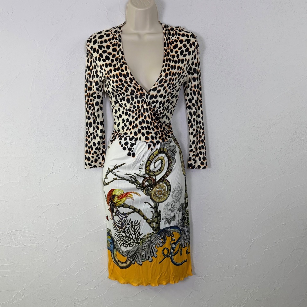 Roberto Cavalli Dress Womens 40 Leopard Bird V Neck Italian Designer Luxury